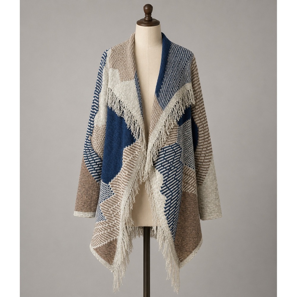 Cato Cardigan Womens Large Blue Tan Geometric Fringe Draped Open Front Sweater